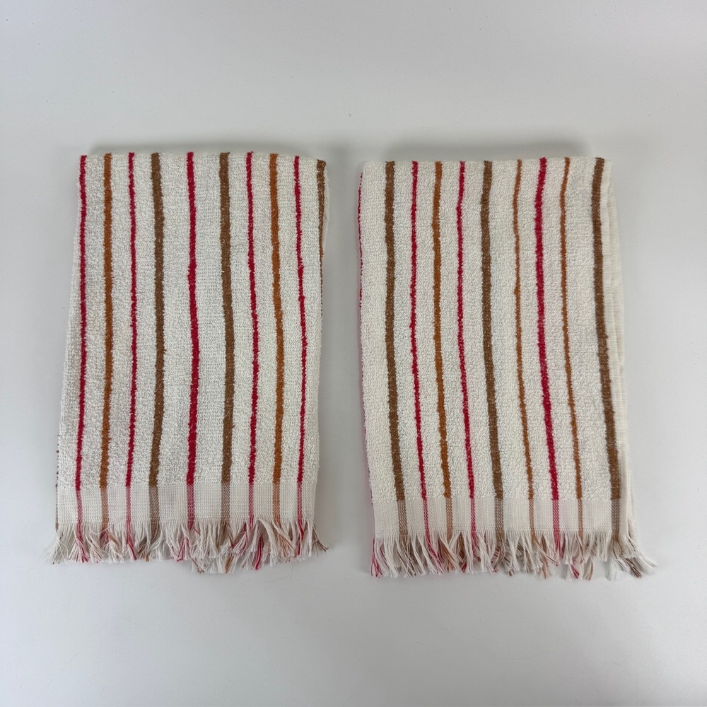 Vintage MCM Striped Hand And Face Towel White Orange Red Brown